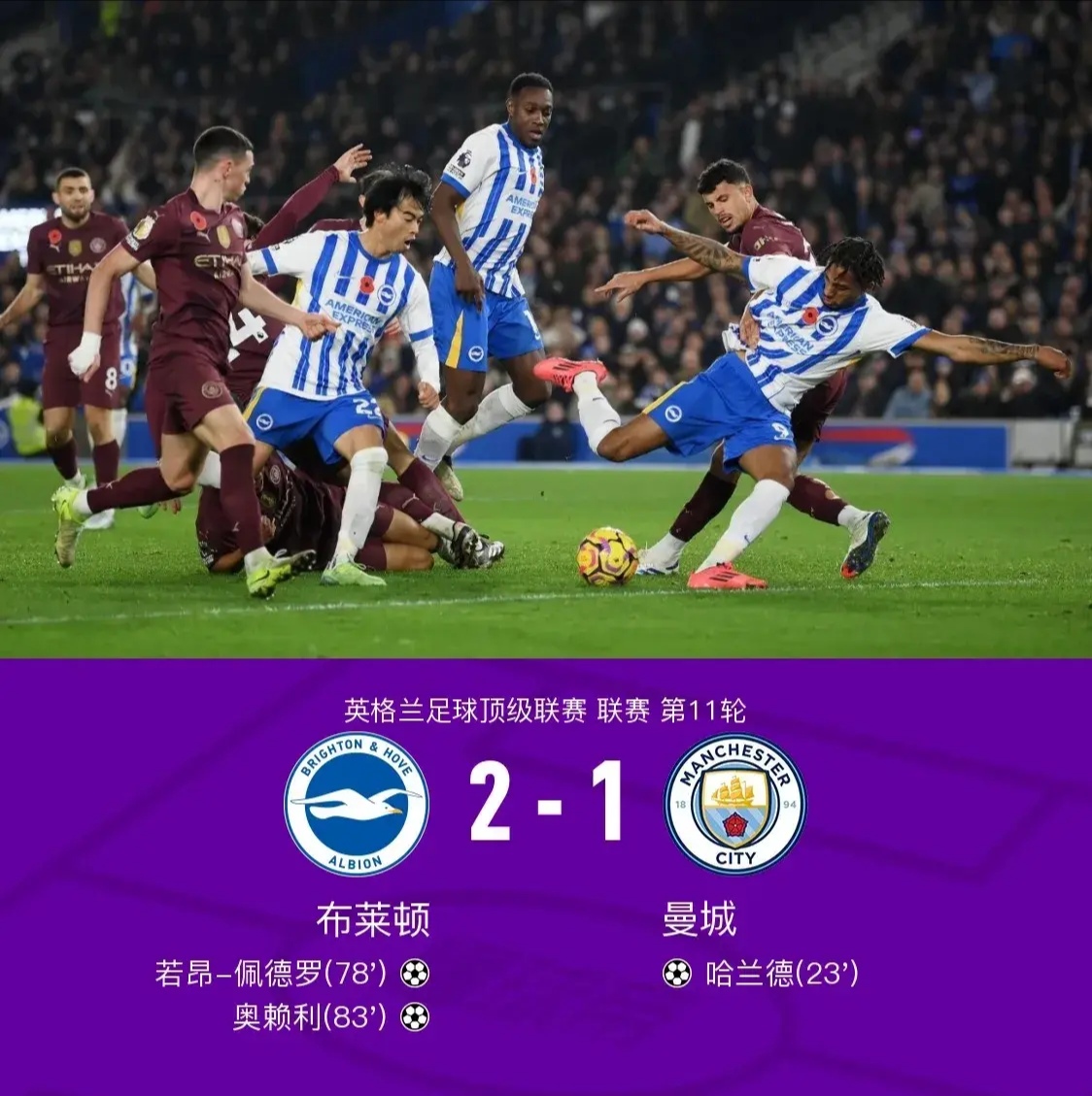 英超：曼城客场-击败伯恩茅斯，领跑榜单